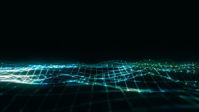 Abstract blue digital technology big data wave stream concept, 3d block chain network mesh made by lines and glowing dots, high-speed connection transferring data in cyberspace. 4k animation loop
