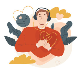 Happy young man in headphones listening his own heart. Love yourself, self care, self acceptance concept. Hand drawn vector colorful cartoon style illustration - obrazy, fototapety, plakaty