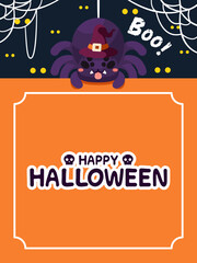 Halloween cute Spider wear witch hat holds on the edge orange board. lovely and spooky cartoon character. Vector illustration flat design for banner, poster, template, and background.