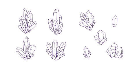 Collection of crystal amethyst simple outline drawing sketch