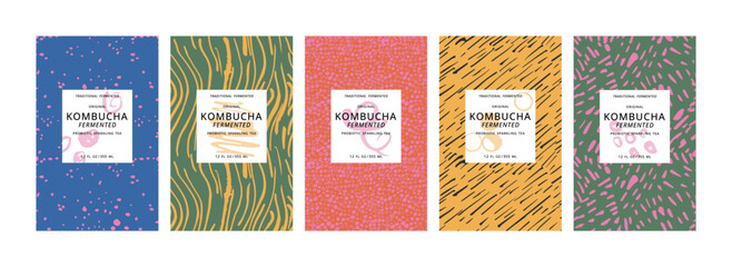 Vector set illustration design labels for kombucha with contemporary brushstroke seamless patterns.