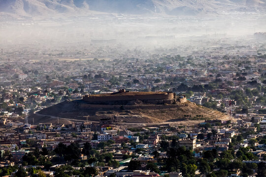 Panoramic view of Kabul and the mountains. Capital of Afghanistan in a fog