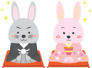 2023年　年賀状デザイン　卯年　兎　年賀状　着物　うさぎ　カップル