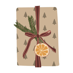 Paper gift box with red tape and bow , on white background . Flat design illustration. Stock vector graphics