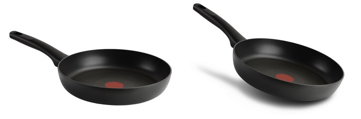 black frying pan with a non-stick coating isolated on white background and full depth of field
