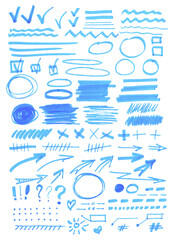 PNG transparent big bulk collection of fluorescent blue highlighter spots, check marks, lines, circles, arrows and underlines	