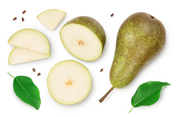 Green conference pear isolated on white background and full depth of field, Top view. Flat lay