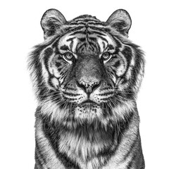 Black and white portrait of a tiger looking at the camera, isolated on white