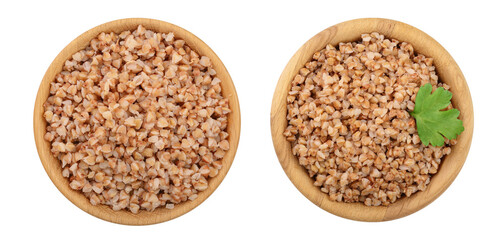 Buckwheat porridge in wooden bowl isolated on white background. Top view