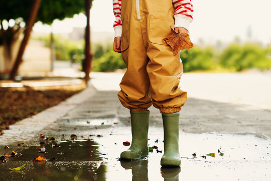 Kid In Rain Jumper And Red And White Striped Shirt And Green Wellies Staying In The Puddle After Rain And Holding Autumn Leaves With No Face Photo