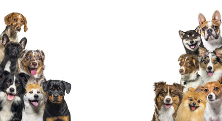 Large group of happy dogs looking at the camera, isolated on white