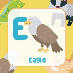 Animals alphabet flashcard for toddlers. Learning card introducing letters to children through game card. Cute animal vector design. 