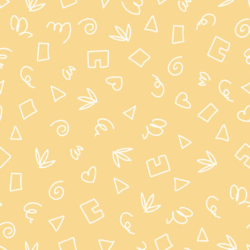Children's cute perky pattern with a white pen on a yellow background, consisting of triangles, cubes and curlicues. Vector design.