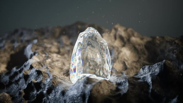 Raw crystal or diamond on the rocks in a dark cave. Shiny rough uncut gem.