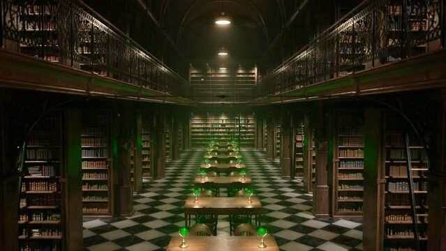 Old two-stories library interior during night illuminated by green desklamps. 4K