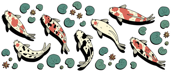 Hand drawn vector set of Koi fish.