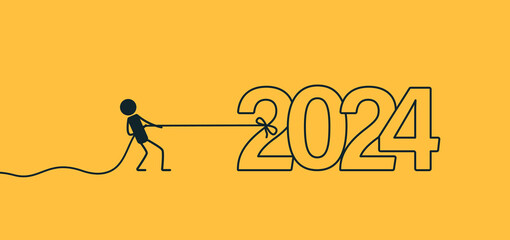 New Year's illustration. A man is pulling 2024 by the rope. Vector image on a yellow background.