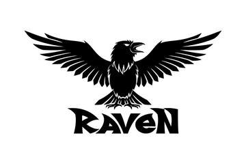 Raven bird icon with wings on white background.