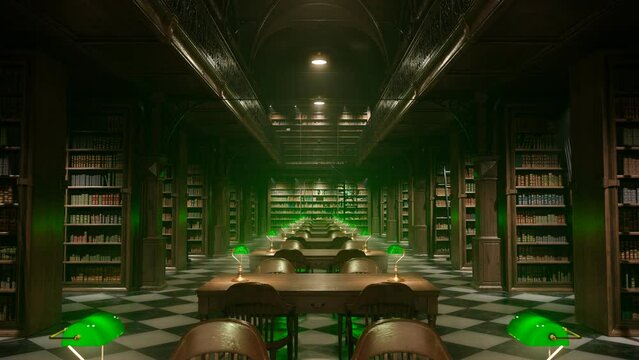 A green haze of desk lamps illuminates old wooden desks of library interior 4KHD
