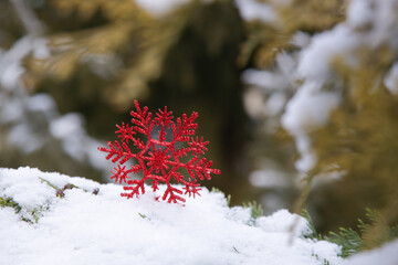 Red glittered snowflake Christmas ornament in snow.
