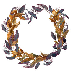 Watercolor Vintage border of ruscus branches and eucalyptus isolated on white. Hand drawn illustration of Wreath with red eucalypt. Botany frame composition. Template ready to use.