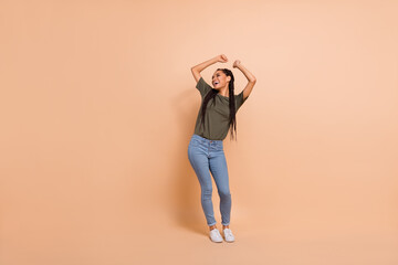 Full length portrait of satisfied pretty person enjoy dancing partying spend pastime isolated on...