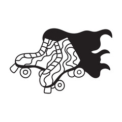 Retro hippie roller skates hand drawn. Cute nostalgic vintage in Doodle style. Black and white vector illustration isolated on white background.