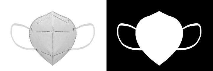 Disposable mask with earloop, FFP2 with N95, KN95 protection. Face mask for protecting from Covid-19. Protection against the spread of infections. Isolated on white with clipping mask and path