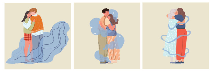 The concept of support and care in difficult moments of life. Women and men hug each other. Care of relatives. Cartoon characters. Hand-drawn vector illustration. All elements are isolated.