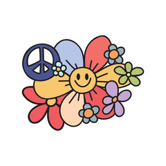 Retro hippie flowers hand drawn. A symbol of peace. Nice nostalgic vintage. Doodle style. Line art design element. Vector colorful illustration isolated on white background.