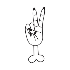 Retro hippie victory hand. Nice nostalgic vintage. Doodle style. Line art design element. Vector black and white illustration isolated on white background. Comic clipart.
