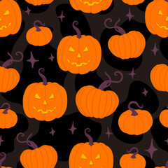 Jack o Lantern Pumpkins on Black Vector Halloween Seamless Pattern