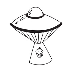 Retro hippie flying saucer hand drawn. Cute nostalgic vintage. Doodle style. Line art design element. Vector black and white illustration isolated on white background. Comic clipart UFO.