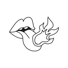 Retro hippie lips hand drawn. Nice nostalgic vintage. Doodle style. Line art design element. Vector black and white illustration isolated on white background. Comic clipart flame tongue.