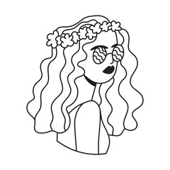 Retro hippie woman hand drawn. Nice nostalgic vintage. Doodle style. Line art design element. Vector black and white illustration isolated on white background. Comic clipart.
