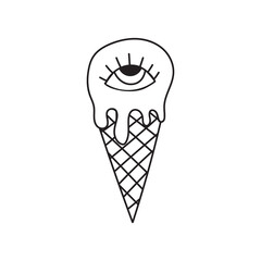 Retro hippie ice cream hand drawn. Nice nostalgic vintage. Doodle style. Line art design element. Vector black and white illustration isolated on white background. Creep food.