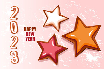 Christmas gingerbread in the form of the number 2023. Ginger cookies in the shape of a star.Christmas and New Year web banner, postcard.Happy New Year background.
