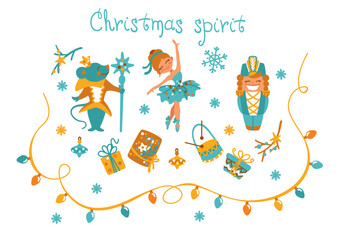 Cute nutcracker and ballerina on white background, christmas set. Christmas tale. Vector illustrator.