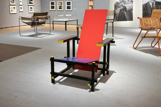 BILBAO, SPAIN-AUGUST 8, 2021: Red Blue Chair by Gerrit Rietveld (1917)