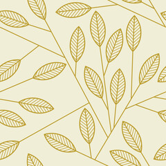 Beige leaves seamless pattern vector. Abstract linear branches floral backdrop illustration. Wallpaper, background, fabric, textile, print, wrapping paper or package design.