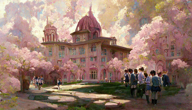 AI generated image of kids returning to school with pink cherry blossom trees all around