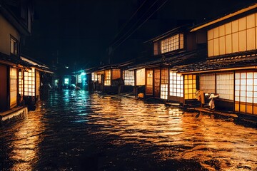 Fototapeta na wymiar Wet empty Asian streets at night, with orange night lightning
