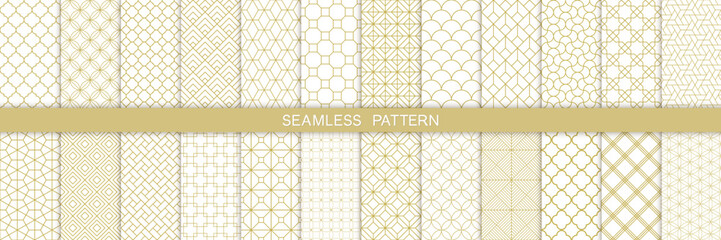 Vector collection of 24 geometric ornamental seamless pattern, beige gold oriental grid line with hexagon,cube sqaure,circel shape on white background. 