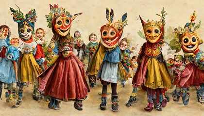 Fototapeta na wymiar Christmas carnival for children. Festive costumes and masks.