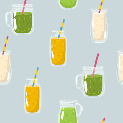 Banana and strawberry smoothie in glass jar. Fresh summer drink. Hand drawn seamless pattern on blue background. Detox and healthy life.
