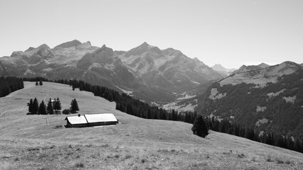 Monochrome image of Mount Oldehore and other mountains near Gstaad.