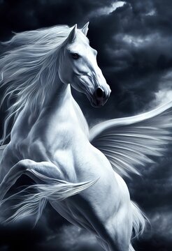 Hyper-realistic illustration of a white Pegasus horse with the wings against the cloudy sky
