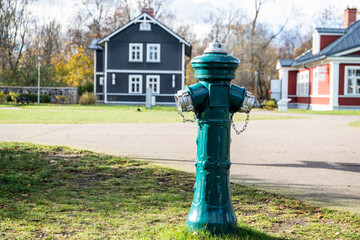 Fototapeta na wymiar Green fire water hydrant. Sunny street view