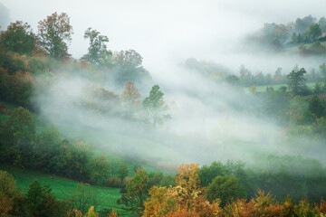 Fototapeta na wymiar autumn scenery,morning foggy landscape in northeastern Bosnia