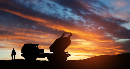 Artillery rocket system are aimed to the sky and soldier at sunset. Multiple launch rocket system. 3d-rendering.